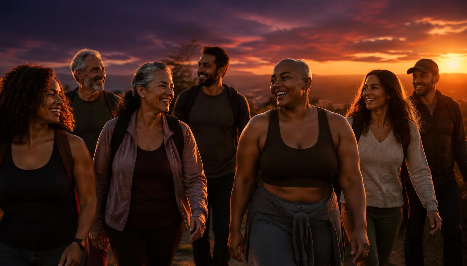 A group of friends walking together at sunset